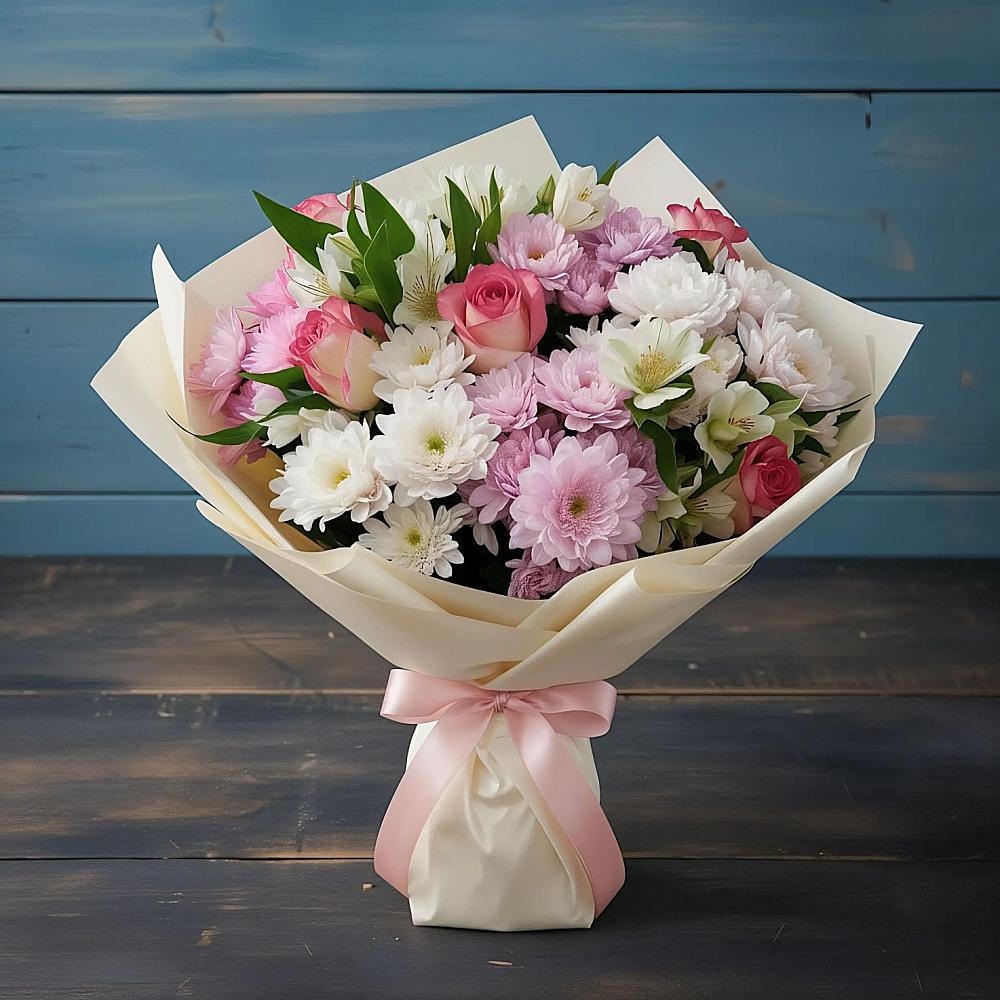 Букет цветов из: Хризантемы, Альстромерии и Розы в Абадзехском